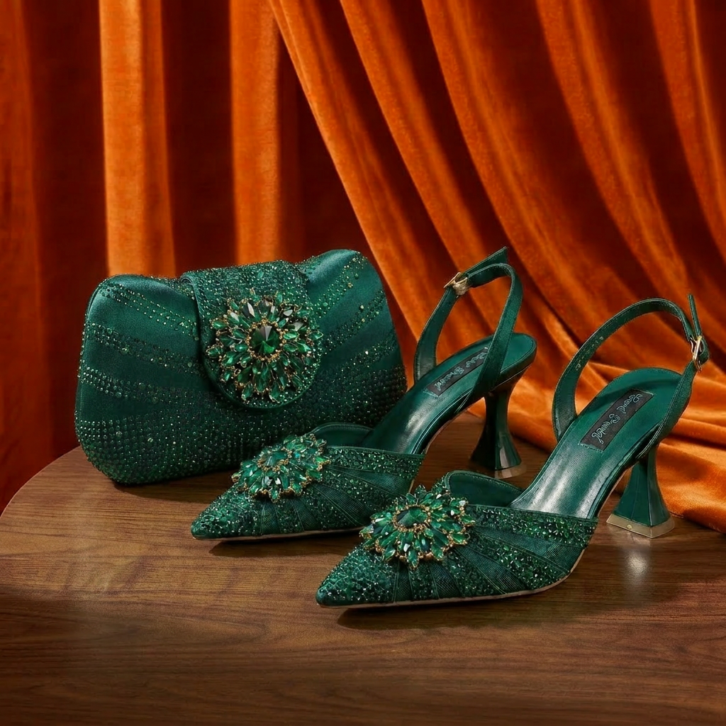 Women Fashion Handbags - 2026 Women's Elegant Green Rhinestone Slingback