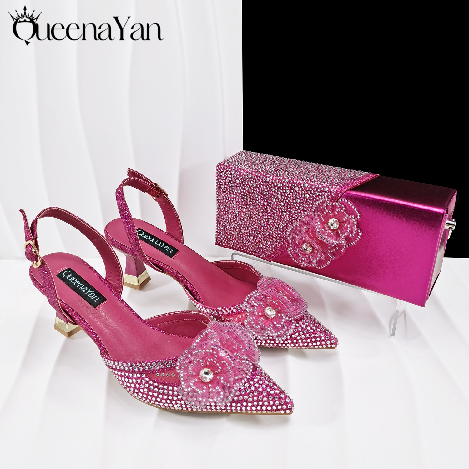 Women Fashion Handbags - QueenaYan Fuchsia Color Shoes and Bag