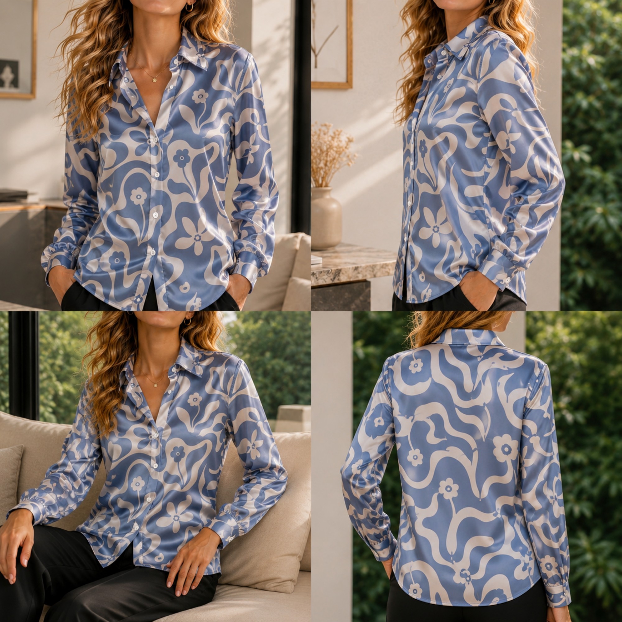 Trend Women Fashion - Women Green Satin Blouse White Floral