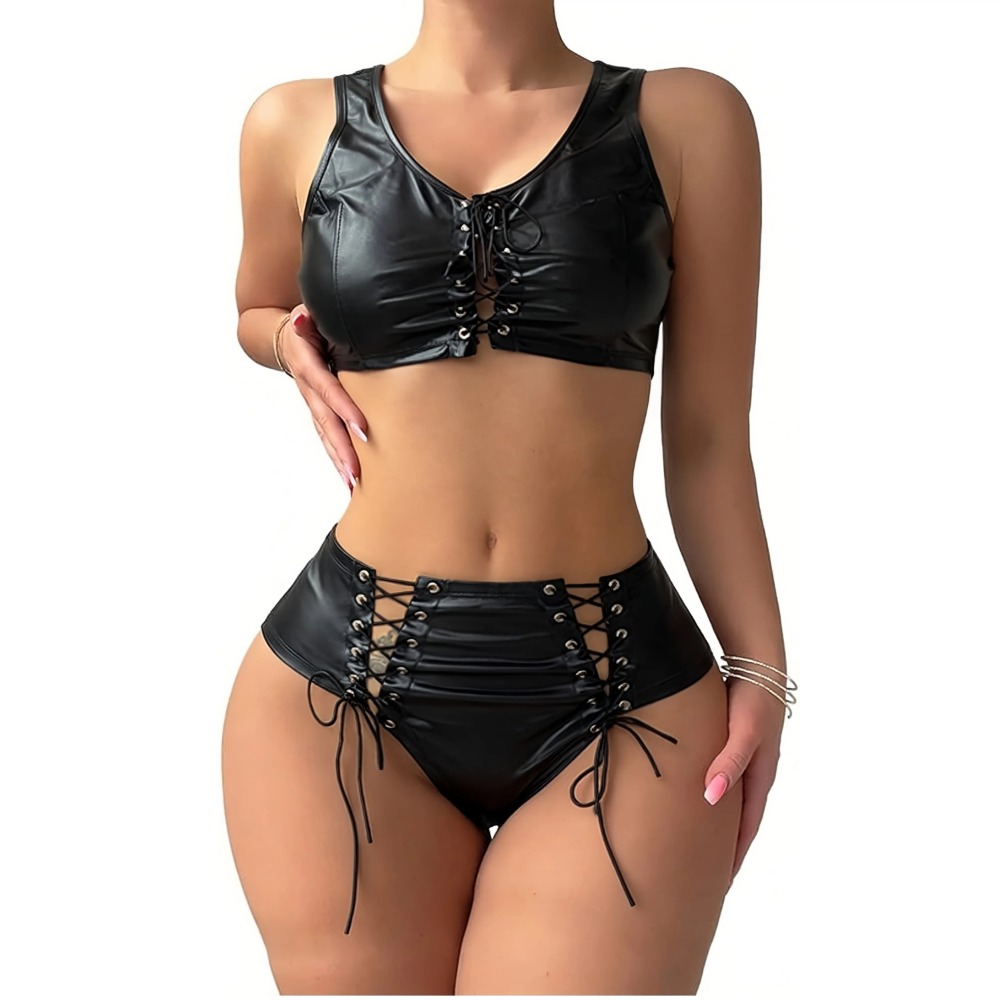 Crop Top Women - Women Leather Lingerie Set Sexy Wet