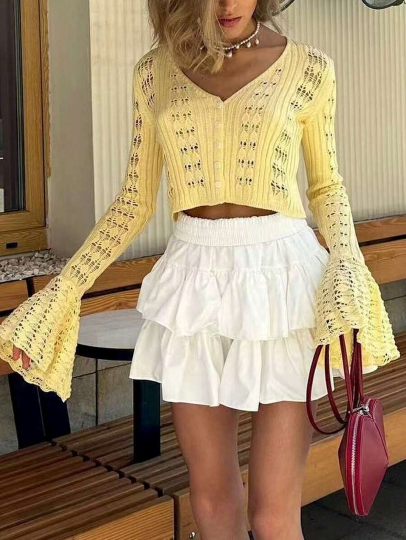 Womens Yellow Crochet Knit Fla - Crop Top Women recensie en prijs